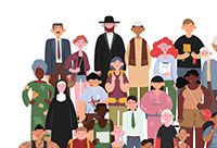 Cartoon of a diverse group of people standing together, representing the many disciples of Jesus Christ.