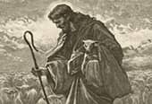 Drawing of Christ kneeling while holding a sheep and a shepherd’s crook.