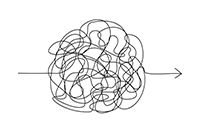 Simple line art depicting a very tangled arrow, eventually pointing to the right.