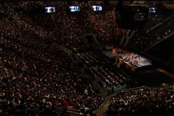 A large audience gathers to here a weekly devotional at Brigham Young University