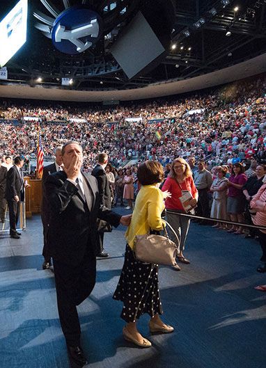 Jeffrey R. Holland blowing a kiss at devotional