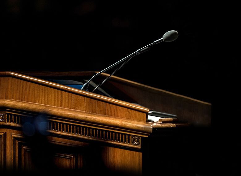 Closeup of the pulpit in the BYU Marriott Center